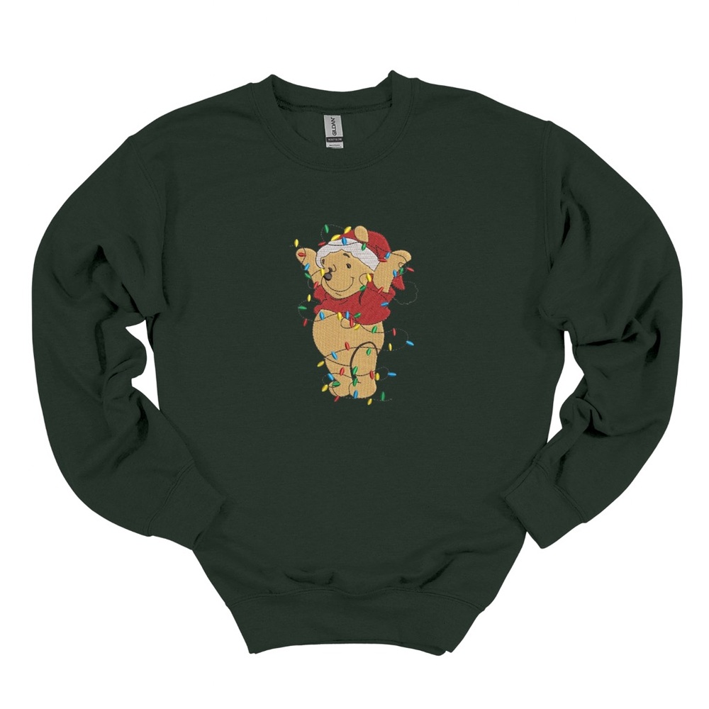 Embroidered Green Sweater with Festive Bear Design